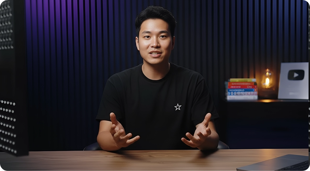 Man in a black t-shirt sitting at a desk with hands gesturing, with a dark ribbed background, a stack of books, a lit lantern, and a silver YouTube play button on a shelf behind him.