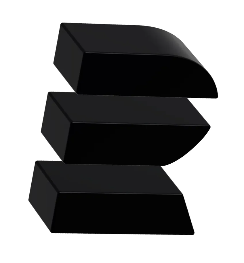 Three black, curved rectangular blocks stacked with gaps between them on a transparent background.